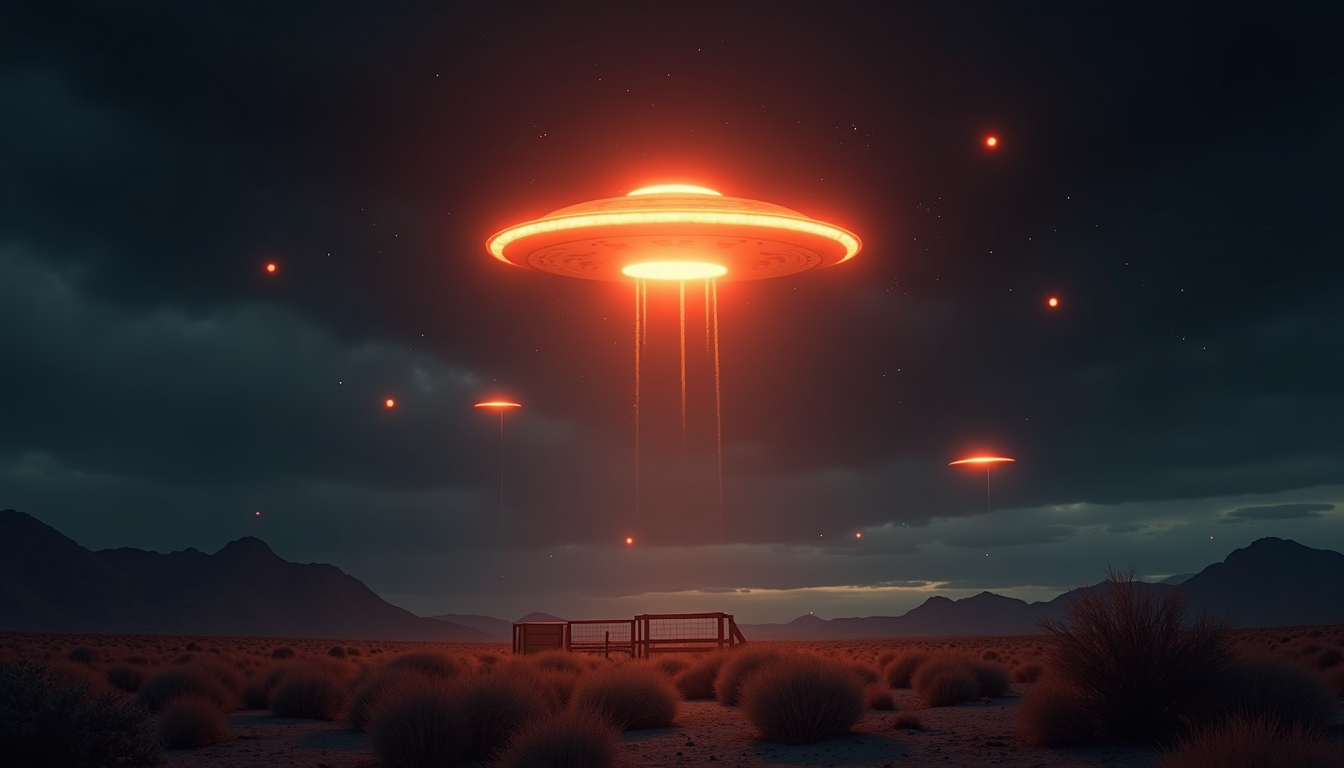 ufo mothership with orbs desert military base