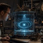 Scientist observing a miniature quantum universe inside a laboratory chamber.