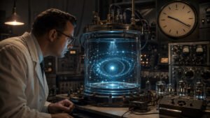 Scientist observing a miniature quantum universe inside a laboratory chamber.