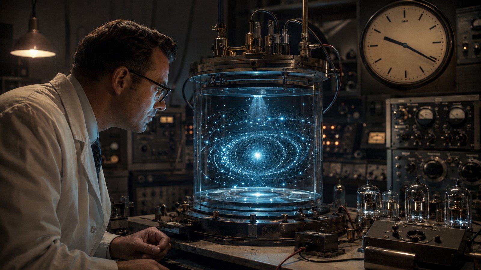 Scientist observing a miniature quantum universe inside a laboratory chamber.