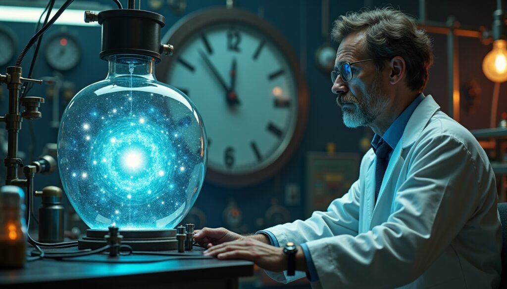 AI-generated representation of a quantum experiment in which time emerges from changes inside an isolated atomic system.