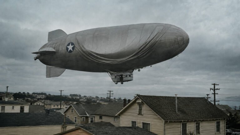 The unmanned Navy L-8 ghost blimp drifting over Daly City in 1942
