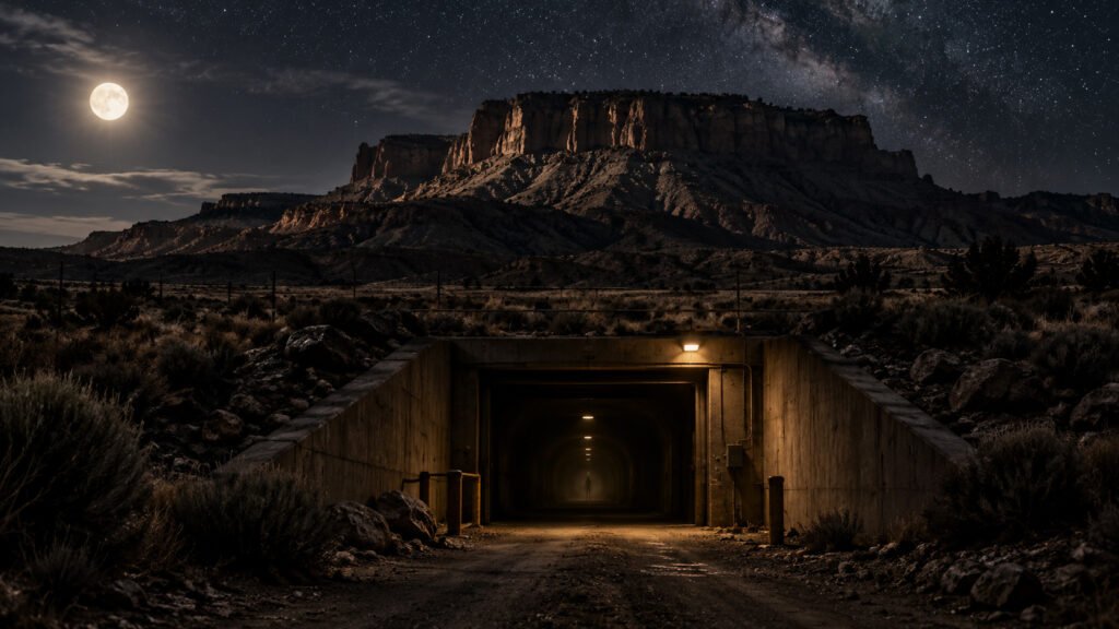 Moonlit desert mesa above the entrance to a mysterious underground facility