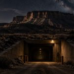 Moonlit desert mesa above the entrance to a mysterious underground facility