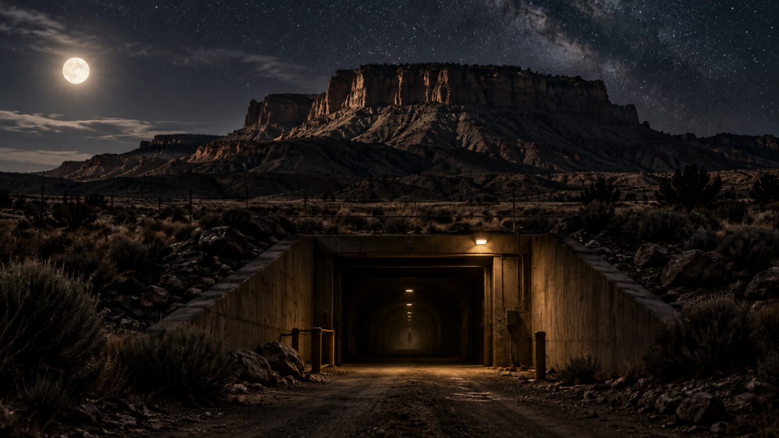Moonlit desert mesa above the entrance to a mysterious underground facility