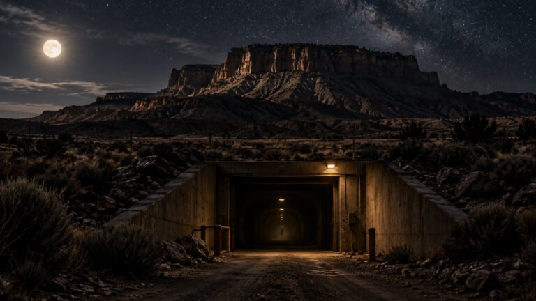 Moonlit desert mesa above the entrance to a mysterious underground facility