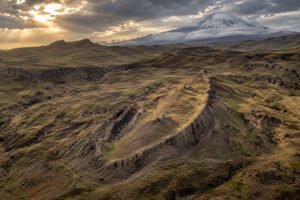 Boat-shaped geological formation near Mount Ararat in eastern Türkiye