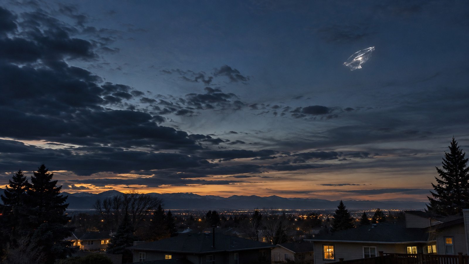 Silver unidentified object in the evening sky over Lakewood, Colorado`
